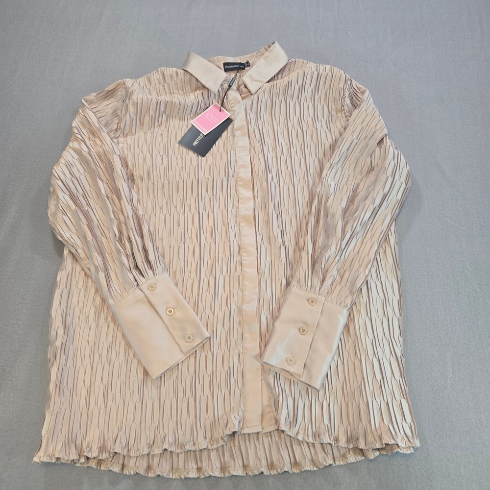 PrettyLittleThing Button Down Shirt Women 0 Champagne Plisse Pleated Long Sleeve